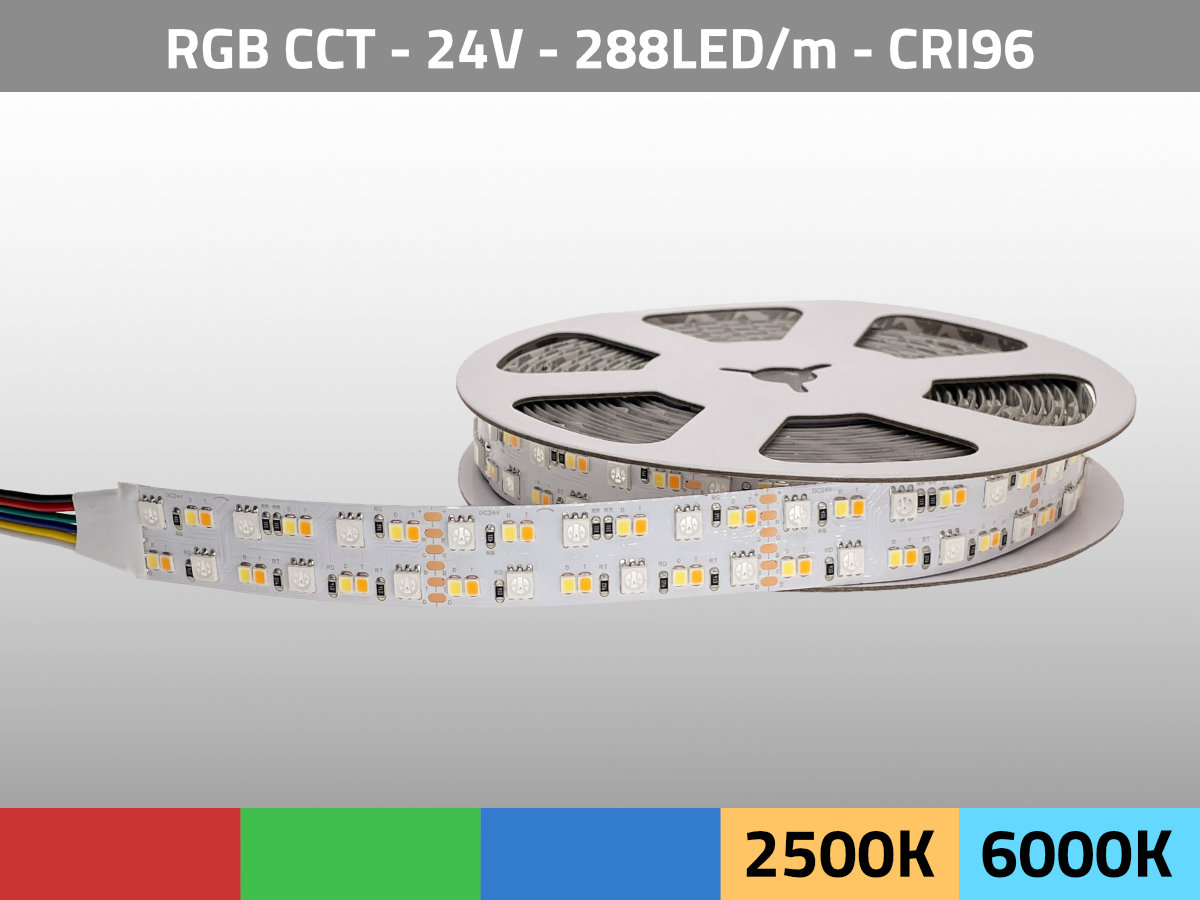 LED Streifen CCT+RGB 2500K-6000K 24V 50W/m CRI96 TLCI97 — Frontansicht