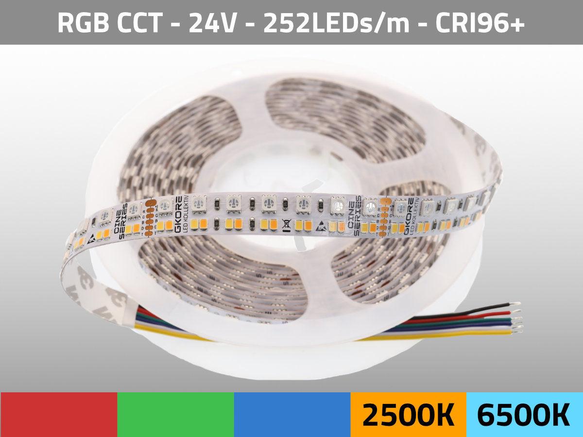 LED Streifen CCT+RGB 2500K-6000K 24V 43W/m CRI96 TLCI97 GKORE CINE Series — Draufsicht
