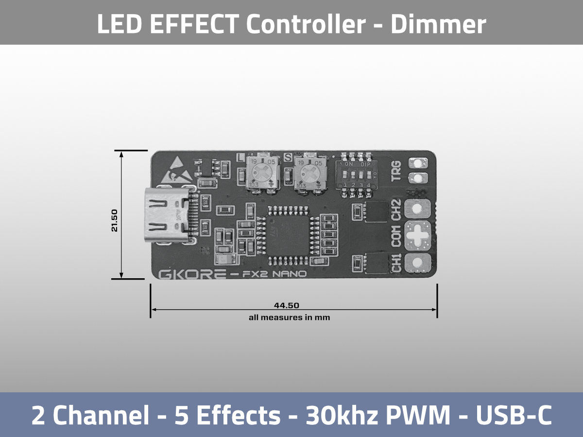 GKORE FX2 nano 2ch LED Effekt Dimmer USB-C — Maßzeichnung